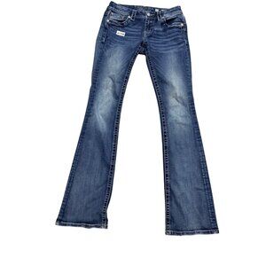 Miss Me Womens Low Rise Bootcut Distressed Blue Denim Jeans Size 27